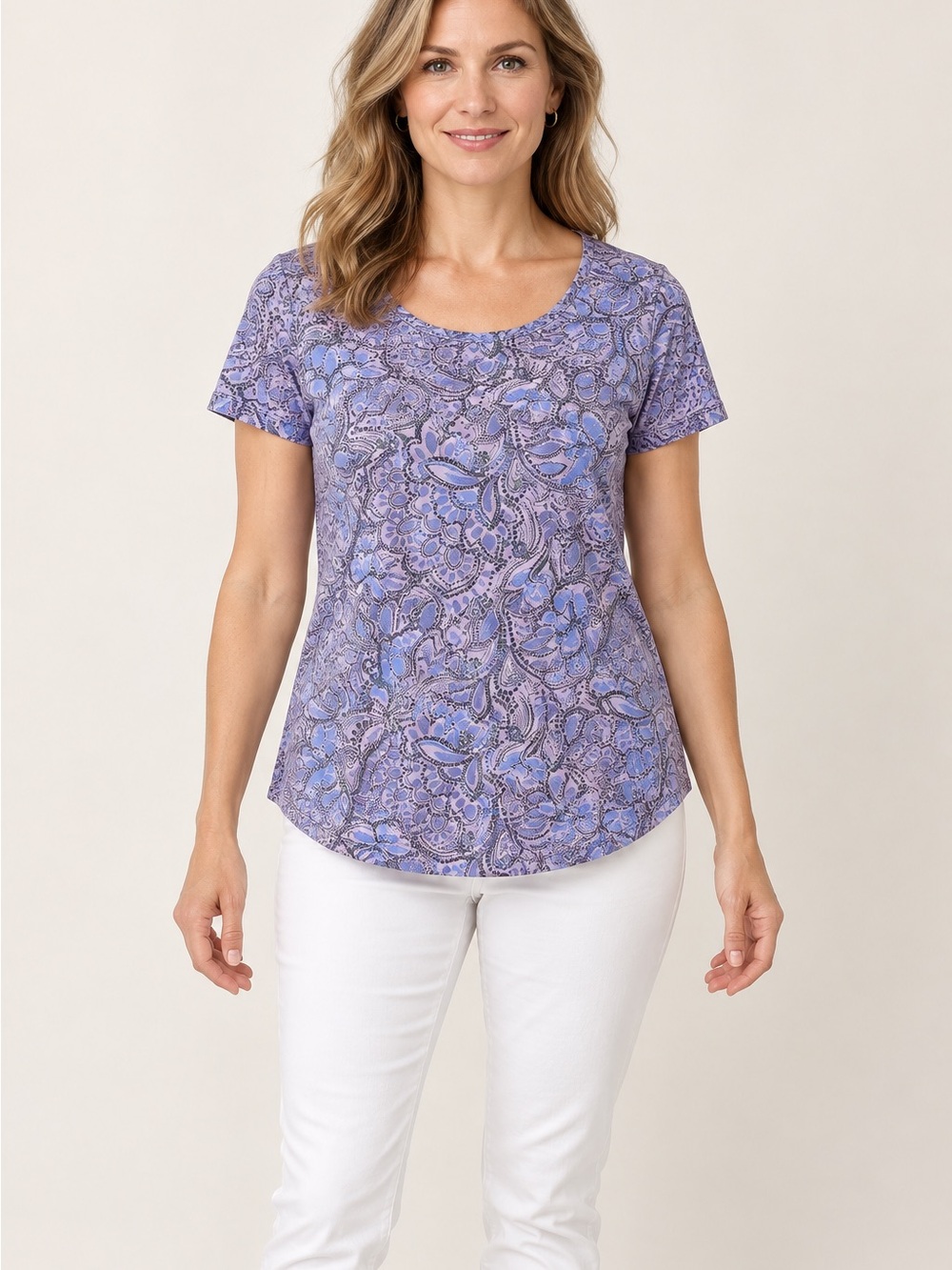 NWT J.Jill Pure Jill Lavender Paisley Pima Cotton Elliptical Tee Small EUC
